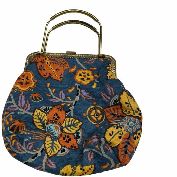 Floral tote Clutch bag purse FLORAL Blue Gold Tone - Picture 2 of 10